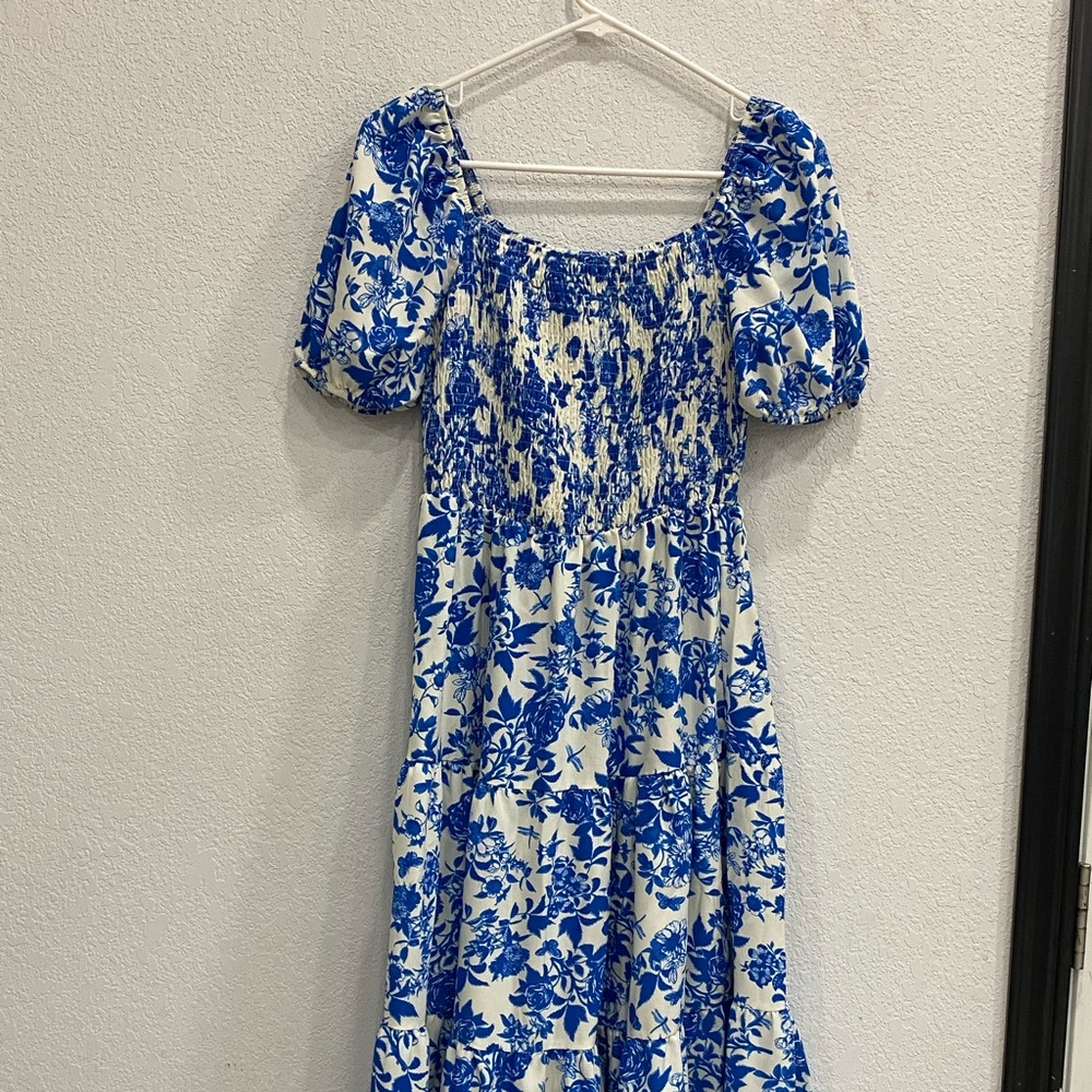 Blue and White Floral Midi Dress